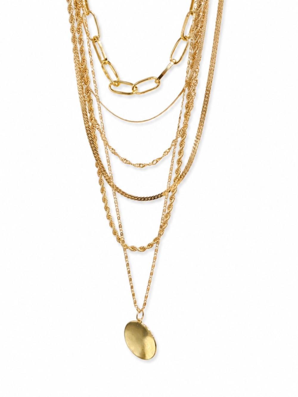 Layered Gold-Tone Multi-Chain Disc Pendant Necklace